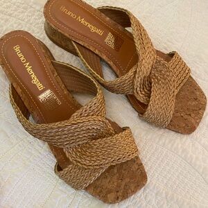 Tan Leather Slip-On Sandals with Woven Straps